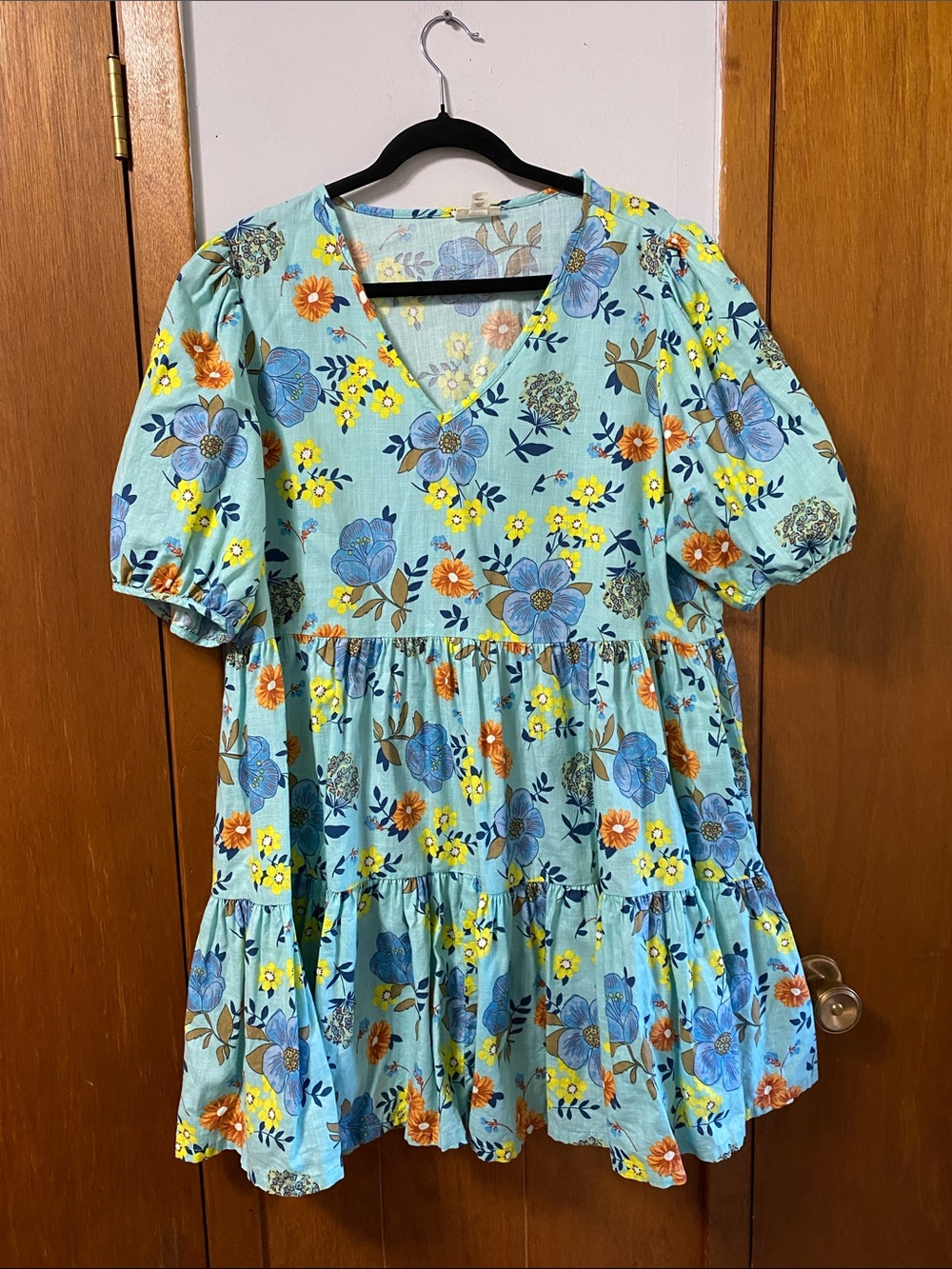 a.n.a Light Blue Floral Tiered Baby Doll Dress with Puff Sleeves XL
